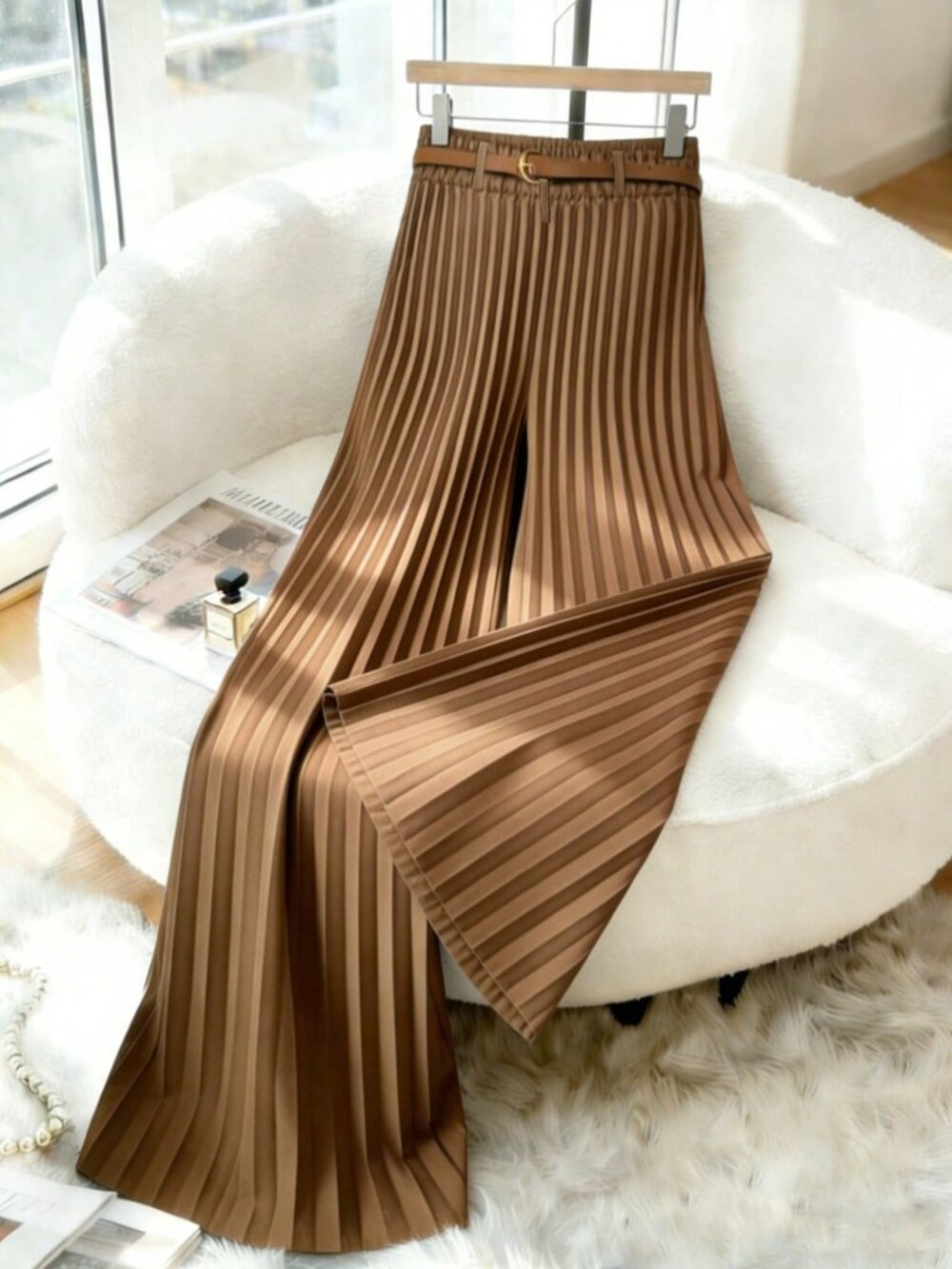 Brown Elegant Women's Elastic Waist Pleated Wide Leg Pants - Picture 4 of 6